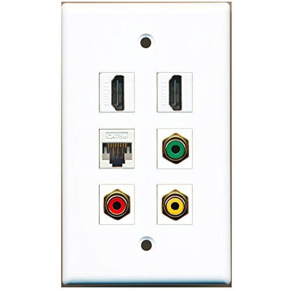 RiteAV - 2 HDMI 1 Port RCA Red 1 Port RCA Yellow 1 Port RCA Green 1 Port Cat5e Ethernet White Wall Plate