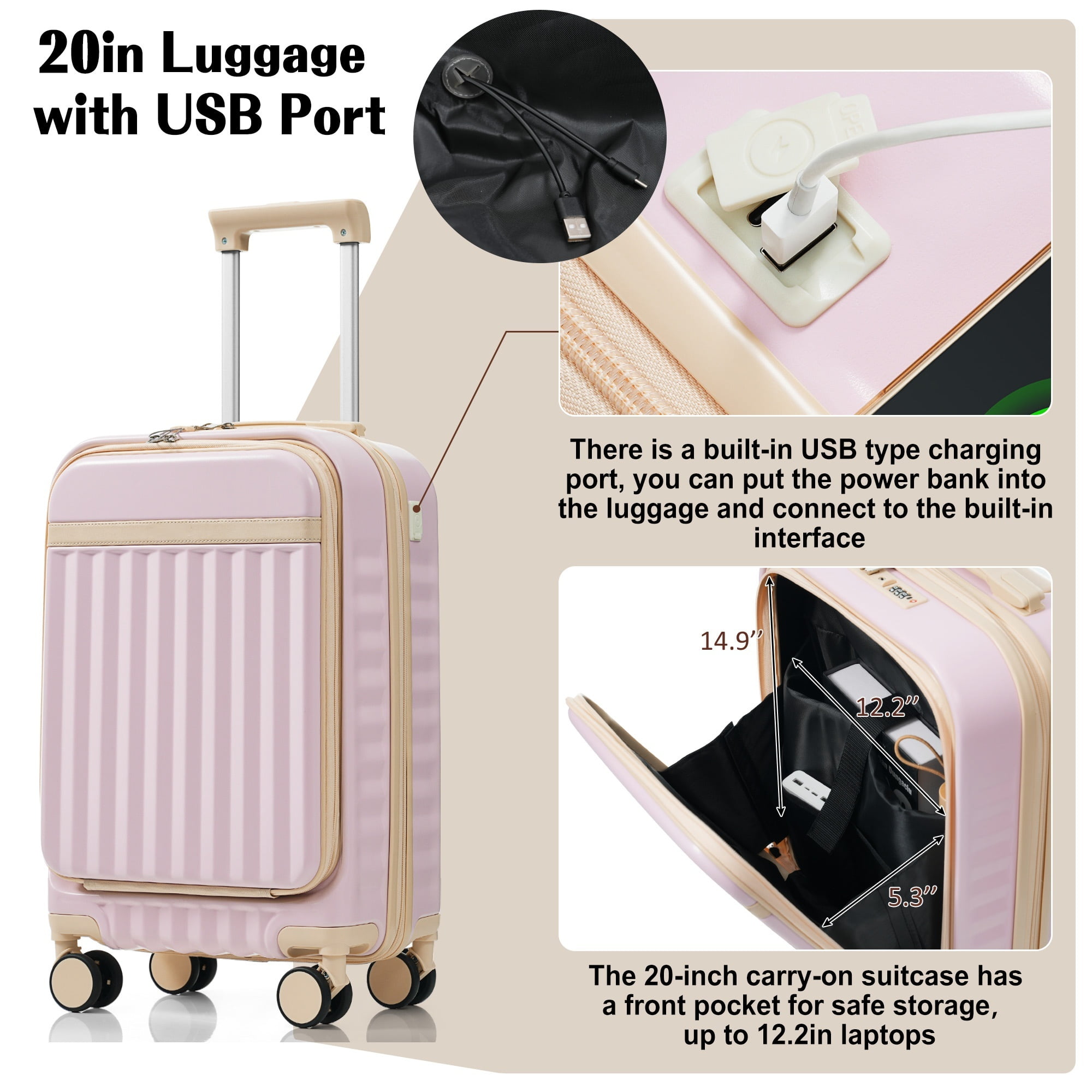 Euroco 3 Piece Front Opening Luggage Set, Hardshell Expandable Carry on Suitcase with Spinner Wheels,USB Port & TSA Lock, Lightweight Luggage for Travel,20in/24in/28in,Pink