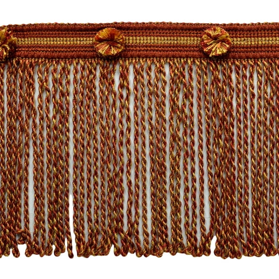6" (15cm) Heirloom Collection Contemporary Header with Pompom Bullion Fringe Trim # BFHR6,, Toasted Red #81857 (Rust Red, Dark Orange, Beige Brown) Sold By The Yard (36"/3 ft/0.9m)