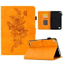 GJX Wallet Case for Kindle Fire 7" 9th/7th/5th Gen 2019/2017/2015, Slim Folding Stand Auto Sleep Wake Embossed Flower PU Leather Case with Pen Slot for Amazon Fire 7 Old Versions, Khaki