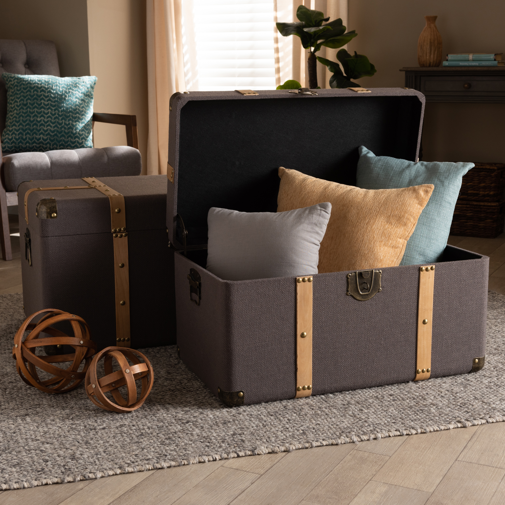 Baxton Studio Stephen Modern and Contemporary Transitional Dark Brown Fabric Upholstered and Oak Brown Finished 2-Piece Storage Trunk Set