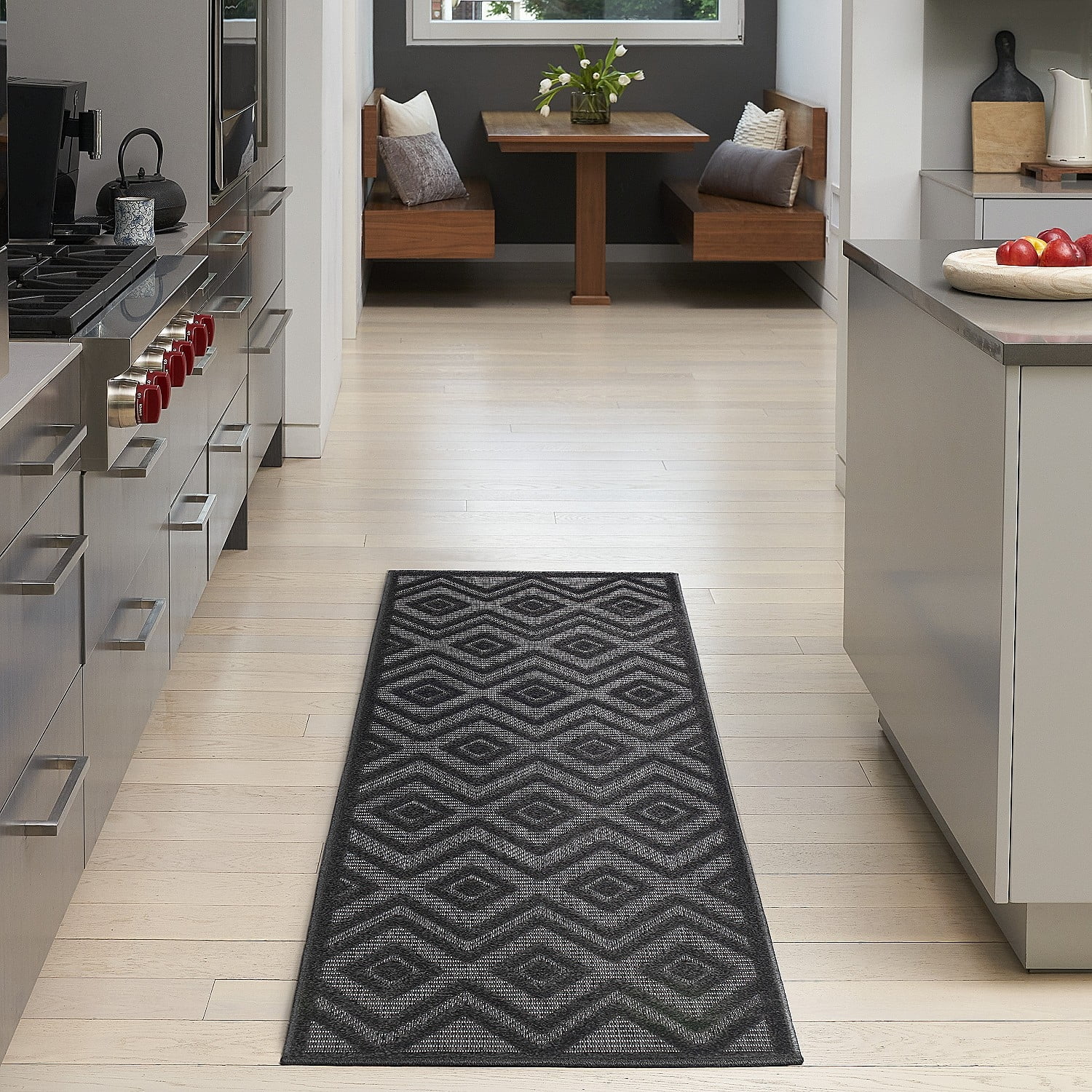 Nourison Versatile Solid Diamond Indoor Outdoor Flatweave Runner Rug Charcoal Black 2' x 6'
