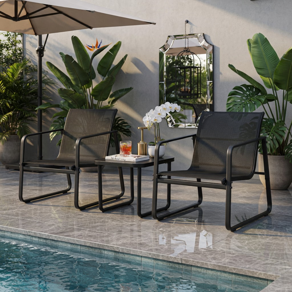 Hommoo 3-Piece Steel Patio Bistro Set with Tempered Glass Table, Modern Outdoor Dining Chairs & Coffee Table for Deck, Garden, Balcony & Poolside, Black