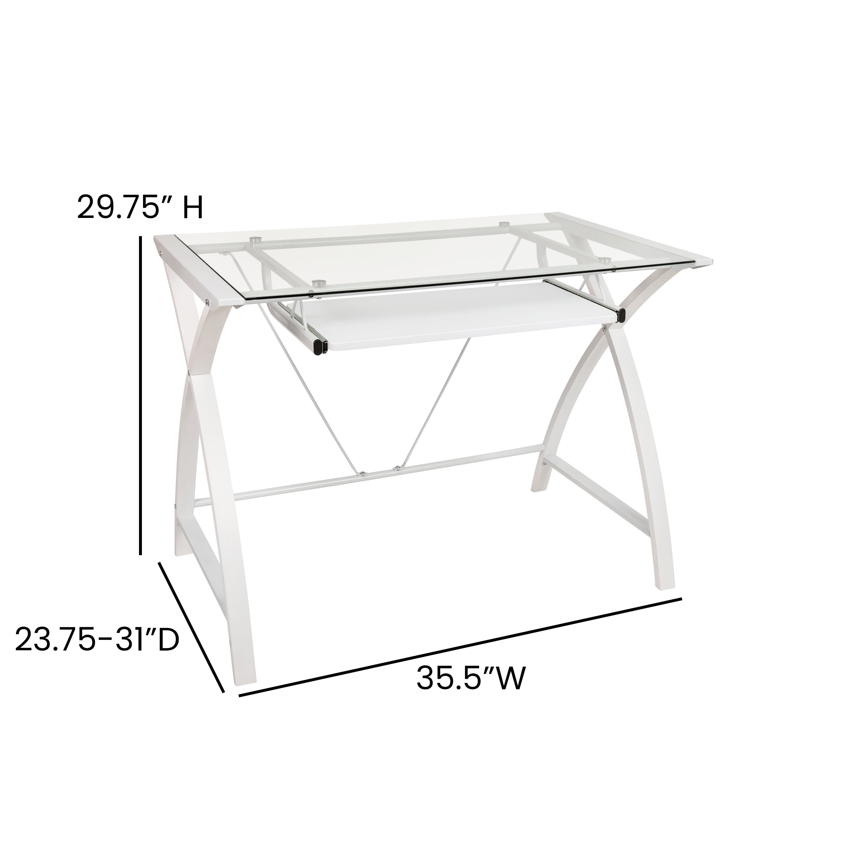 Emma + Oliver Clear Glass Computer Desk-White Pull-Out Keyboard Tray & White Crisscross Frame