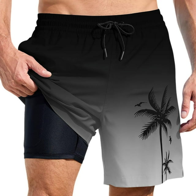 YUEVE Beach Shorts for Men 2 in 1 Compression Liner 7 Inch Inseam, Mens Swim Trunks Gradient Hawaiian Print Quick Dry Bathing Suit with Pockets Black XL