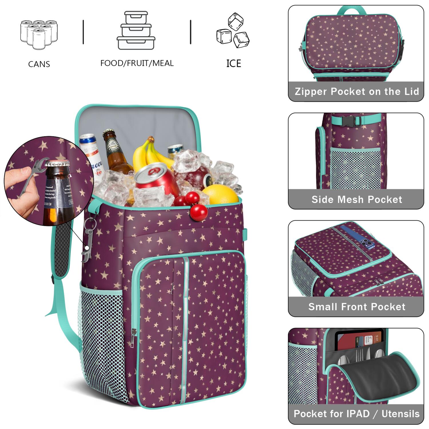 Travel Cooler Bag - Purple Christmas Star Pattern Camping Beer Cooler Backpack with Bottle Opener- Waterproof Insulated Picnic Backpacks - Cooler Bag for Beach