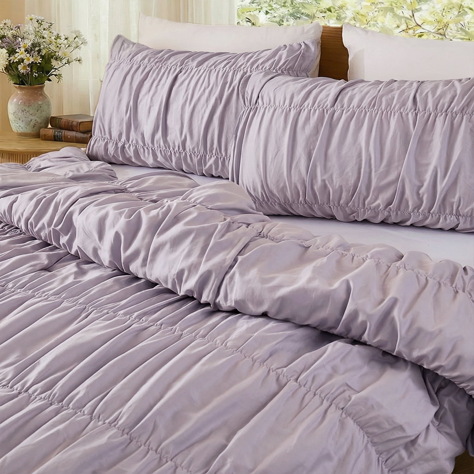 100% Cotton Purple Wrinkle Duvet Cover Set Queen Size,Ruched Bedding Comforter Cover,Shabby Chic Ruffled 3 Pcs Queen Duvet Cover Set,Bohemian Boho Bedding Set with 1 Duvet  Cover 2 Pillowcases