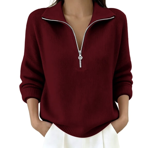 Edvintorg Womens Long Sleeve Quarter Zip Pullover Sweaters Casual Loose V Neck Sweater Collared Knit Tops Fall Clothes for Women