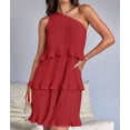 thumbnail image 5 of Women'S Summer Sleeveless Mini Dress Boho One Shoulder Ruffle Tiered Layered Flowy A Line Dresses Red L, 5 of 9