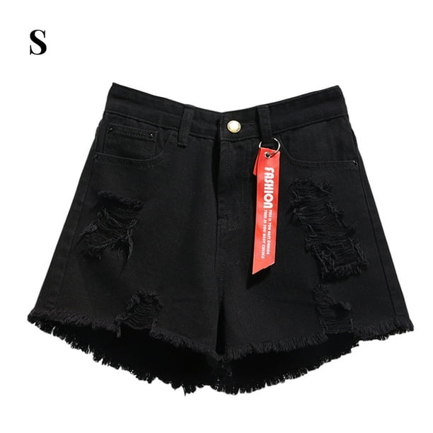 Pantalones cortos de mujer Vaqueros Cintura alta Agujeros destruidos Pantalones cortos con dobladillo deshilachado, Negro, S Vogacara AP001525-01B