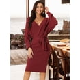 thumbnail image 3 of DARING DIVA Women's Deep V Neck Wrap Lantern Sleeve Belted Mini Sweater Dress L Red, 3 of 7
