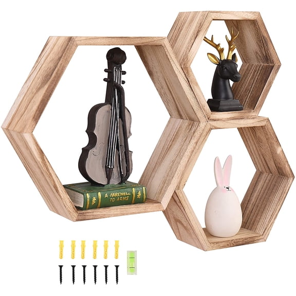WONFUlity Hexagon Floating Shelves Wall Mounted Wood Farmhouse Storage Honeycomb Wall Shelf, Hexagonal Wall Shelves for Bedroom, Living Room, Office, 3pc, Rustic Fire Roast