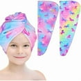 thumbnail image 1 of wonima11 Microfiber Hair Towel Wrap for Kids 2 Pack Rapid Drying Hair Towel with Button Hair Turbans for Wet Hair Wraps Head Towel Wrap for Women and Girls, Rainbow Unicorn, 1 of 1
