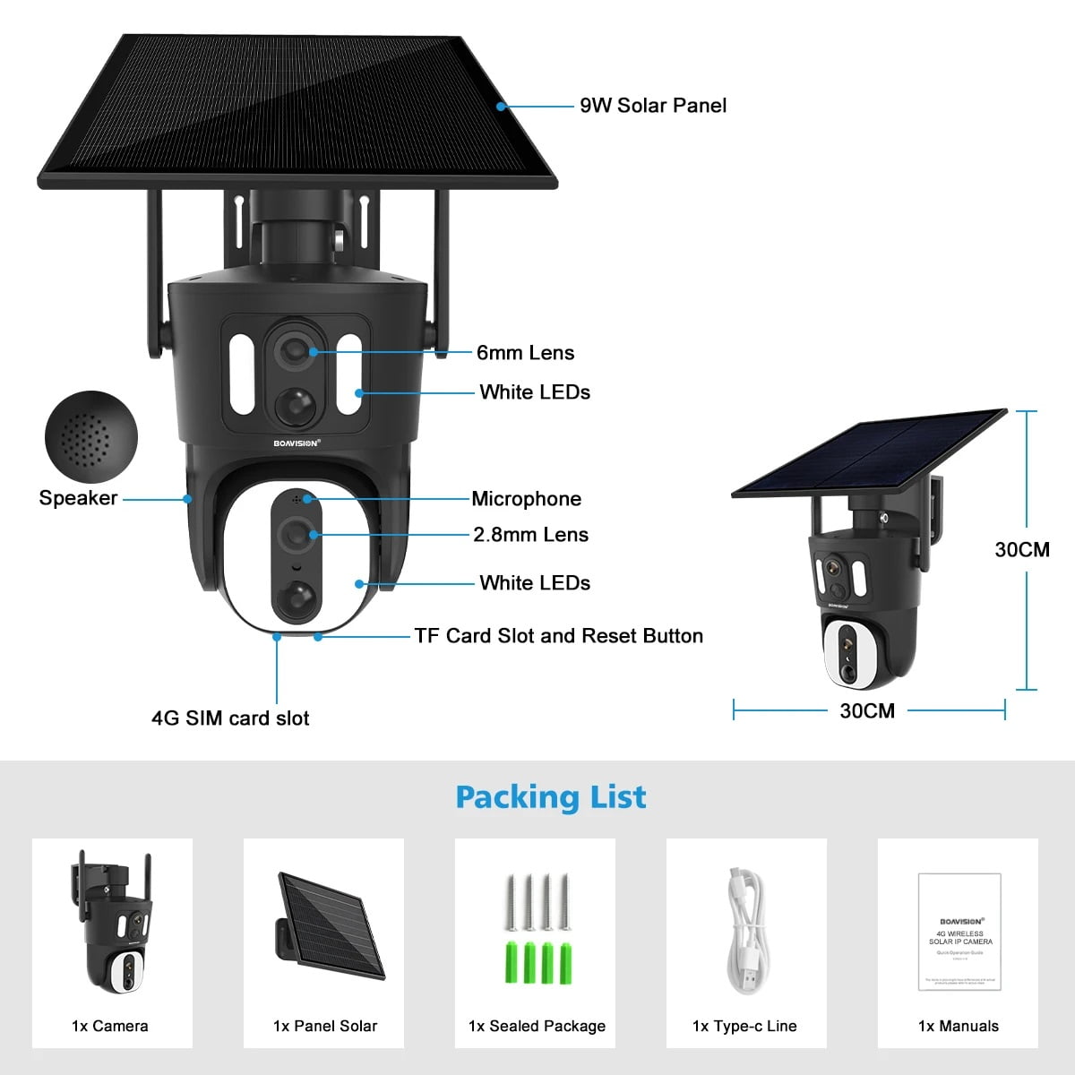 BOAVISION 4K 4G LTE Cellular Security Camera Outdoor, Dual-Lens Wide View, No WiFi, Wireless Solar Battery Powered, Spotlight Color Night Vision, Local Storage, 2-Way Talk