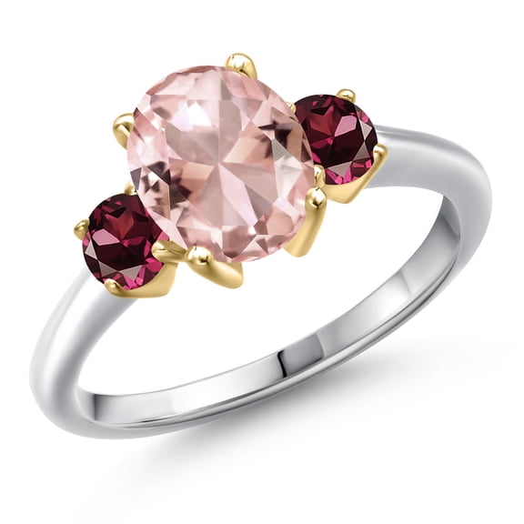 Gem Stone King 10K Two Tone Gold Peach Nano Morganite and Red Rhodolite Garnet Engagement Ring for Women | 2.74 Cttw | Oval 9X7MM | Gemstone October Birthstone | Size 7