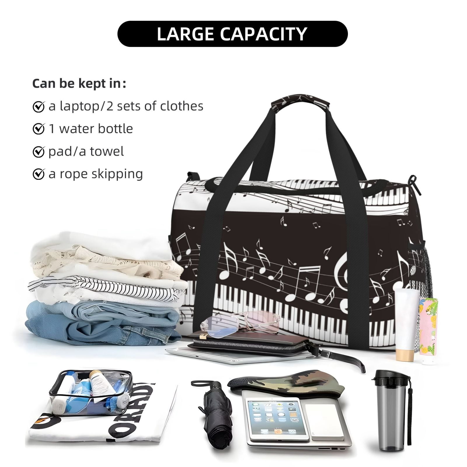 Defioc Piano Keys With Musical Notes Print Hand Travel Bag - Foldable Travel Duffel Bags for Men Women -Sport Gym Bag - Overnight Travel Duffel Bag - Adjustable Shoulder Strap