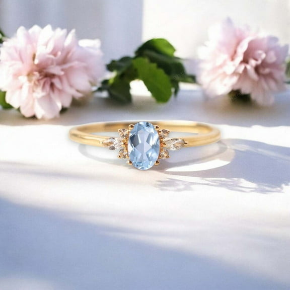 SHREENATHJEWELRY 6x4MM / 1.5CT Vintage Aquamarine Engagement Ring CZ Diamond Promise Ring Blue Gemstone Fine Jewelry Birthday Gift For Her