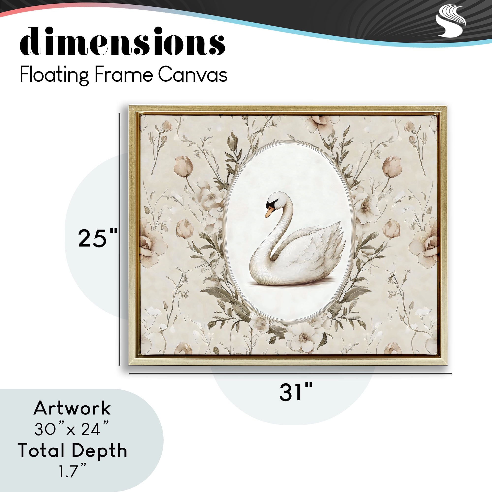 Stupell Industries Swan Vignette in Floral Border Gold Framed Floater Canvas Wall Art, design by Arlington Prints