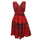 Mogul Womens Bohemian Dress V-Neckline Gothic Printed Cotton Red Peasant Dresses