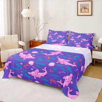 jejeloiu Lovely Axolotl Bed Sheets,Ocean Shell Croal King Sheets,Purple Pink Sheet Set For Girl,Microfiber Bedroom Decor,4-Piece