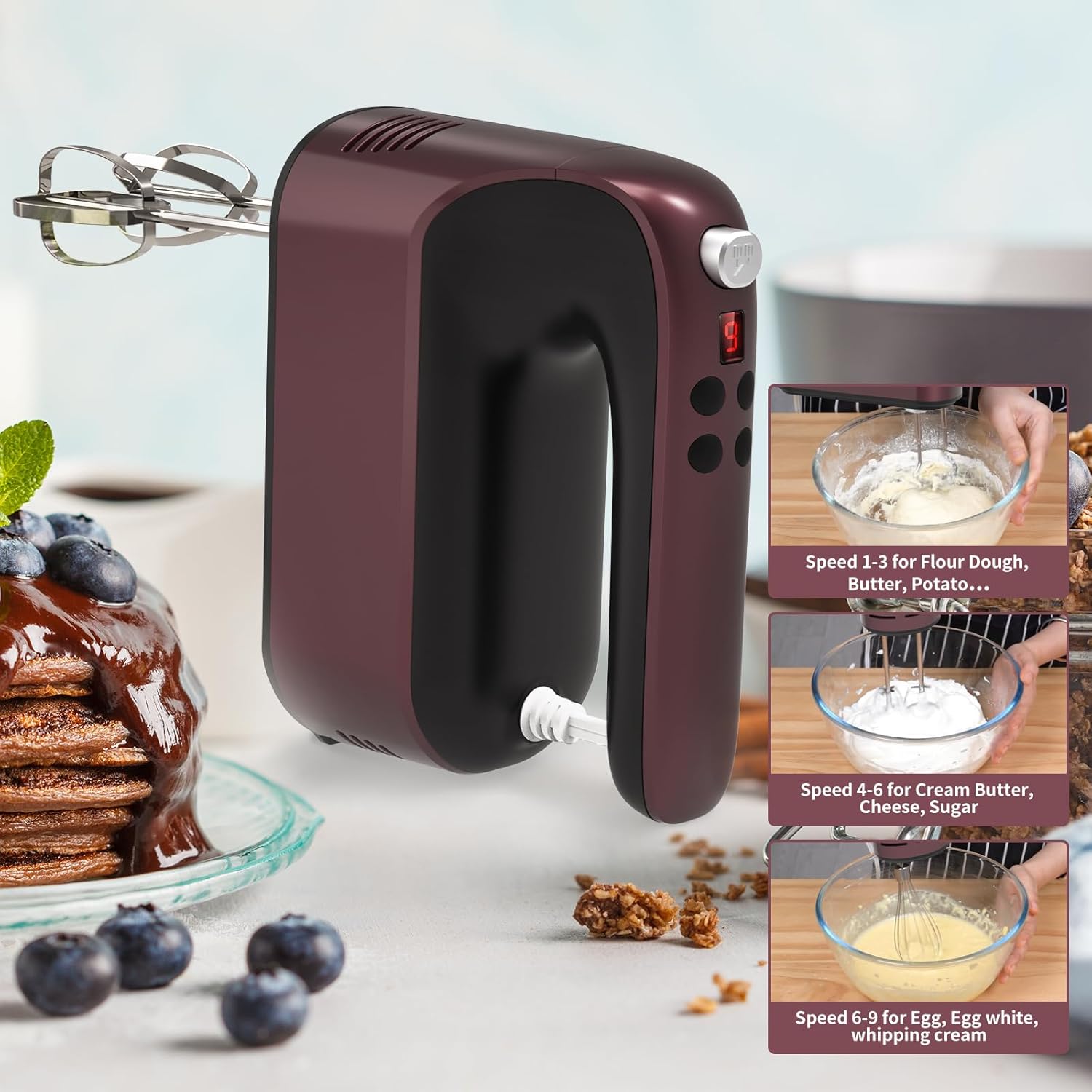 400W DC Motor Digital Hand Mixer with Storage Case, 5 Stainless Steel Accessories including Beaters, Dough Hooks and Whisk