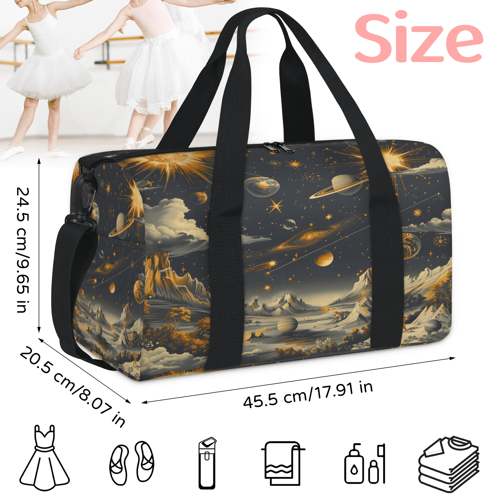 Herdesigns Galaxy Star Gym Bag for Women, Duffle Bag for Travel Sport, Outer Space Lightweight Waterproof Carry on Weekender Dance Yoga Workout Bags