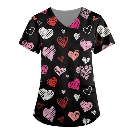 

QWERTYU Casual Scrubs Top for Women Professionals Short Sleeve T Shirt V Neck Valentine s Day Nursing Scrubs Pockets Holiday Uniform Black 2XL