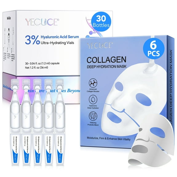 Hyaluronic Acid Serum & Collagen Facial Mask Set - Anti-Aging Facial Serum, Reduces Fine Lines and Wrinkles for Women