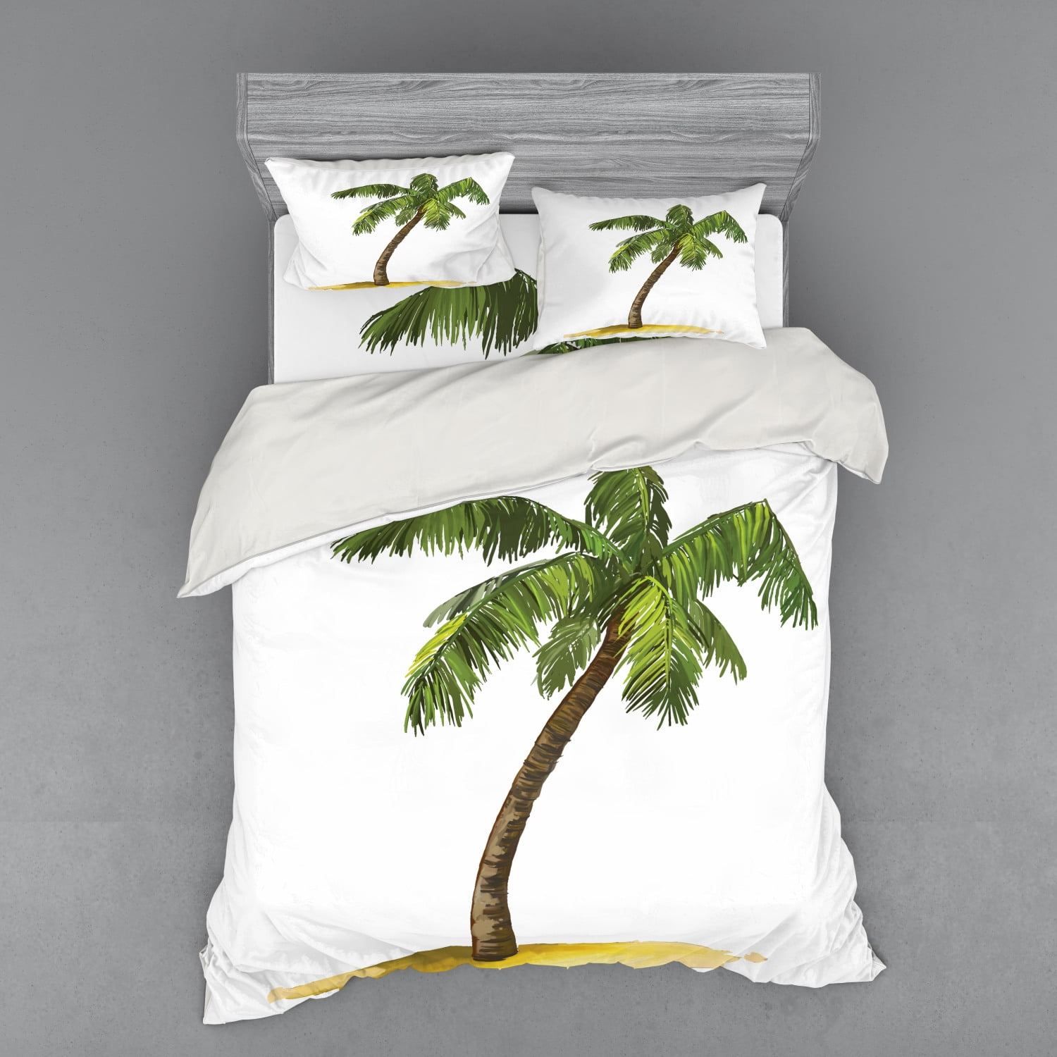 Palm Tree Duvet Cover Set, Cartoon Palm Tree Image Tropical Plant and Sand Serenity Nature