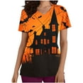 thumbnail image 2 of VKOYWKM Women's Halloween Scrub Tops V Neck Short Sleeve Halloween Castle Printed Spooky Tops Nurse Uniforms with Pockets Working Scrubs, 2 of 5