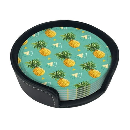 

Round Pu Leather Coaster Pineapple Heat - Resistant Beverage Cup Mat-Fancy Decor For Kitchen Office Dining Room Table - Drink Protector 6-Slice