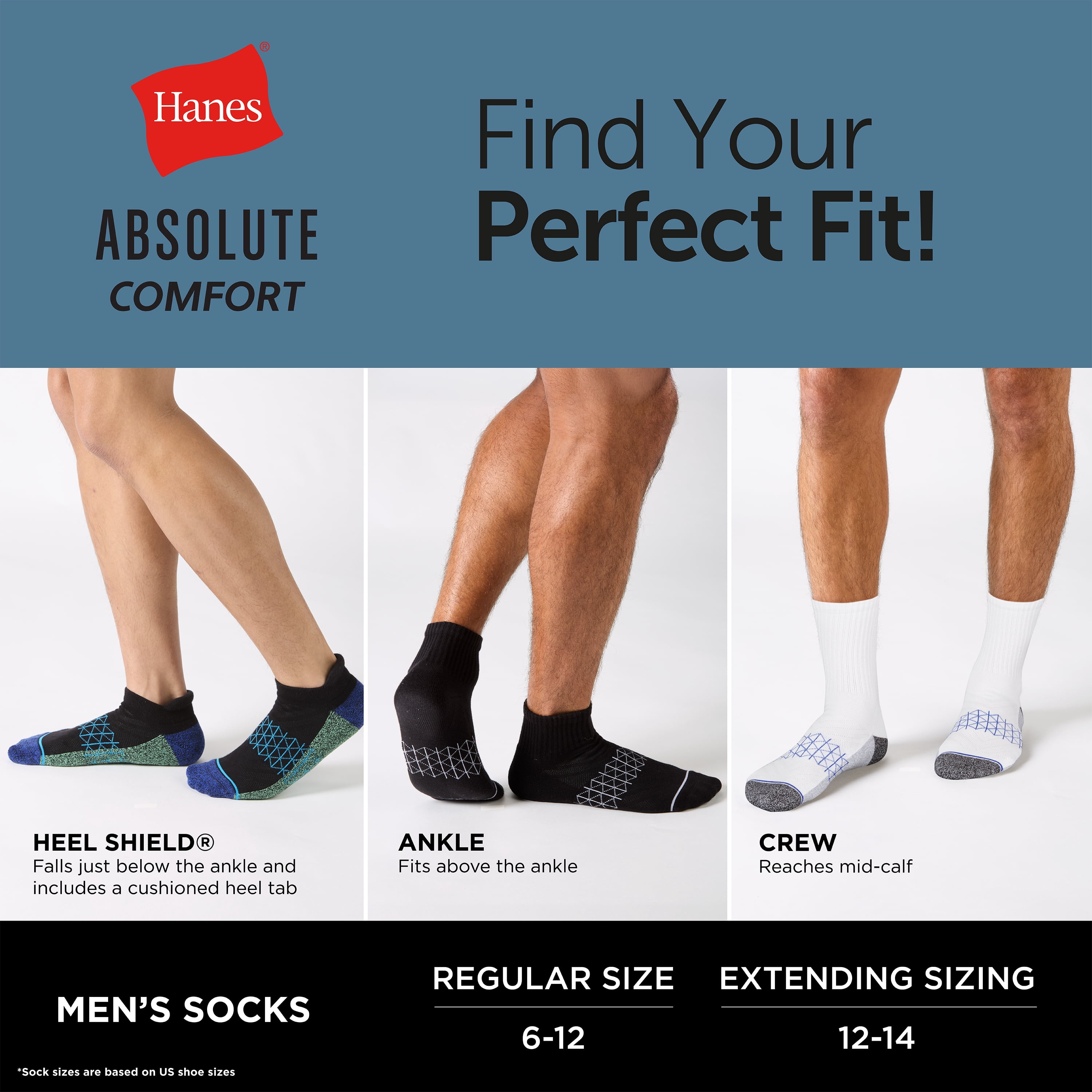 Hanes Mens Absolute Comfort Cushioned Heel Shield Socks, 3 Pairs