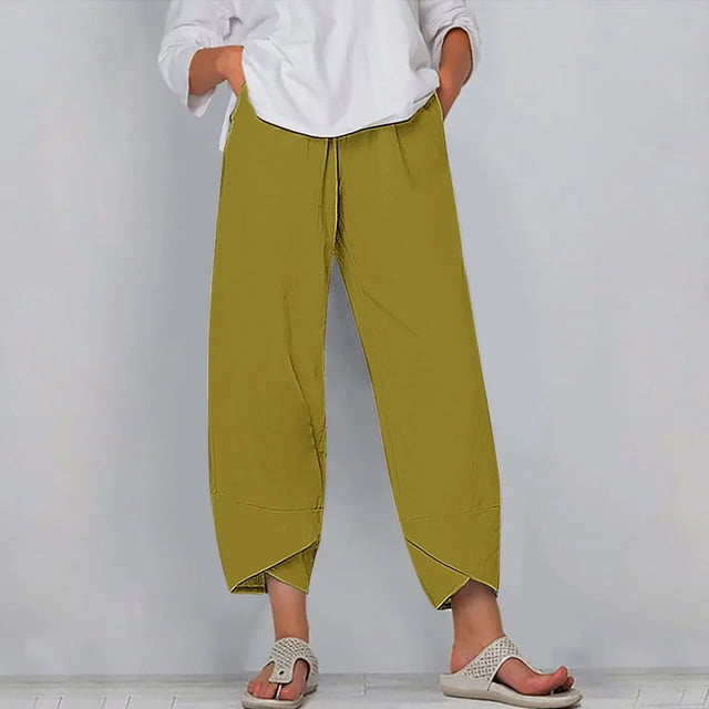 RXIRUCGD Capris d'Été Confortables et Amples pour Femmes, Couleur Unie, Jaune, Taille : 5TG