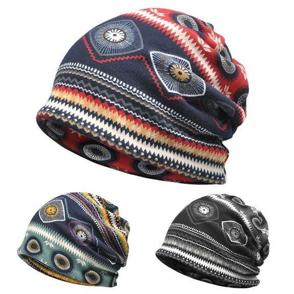 AYYUFE Women Hat Empty Top Knitting Vintage Print Lightweight Decorative Ethnic Style Elastic Ear Protection Women Beanie Hat for Daily Wear