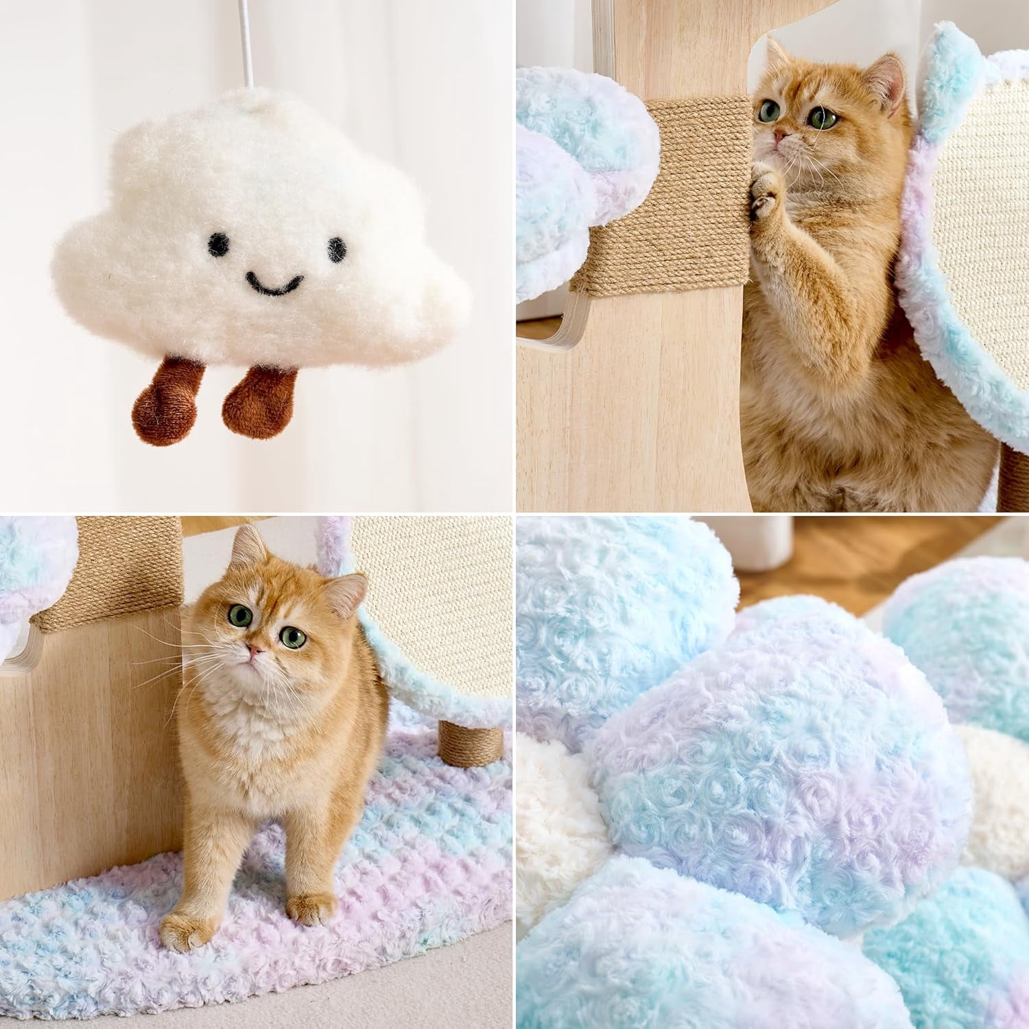 Modern Cat Tree Tower for Indoor Cats Large Adult, 37 inch Flower Cat Tree with Scratching Post, Luxury Aesthetic Cat Tree with Cloud-Soft Flower Perches and Physical Mouse-Sound Hanging Toy