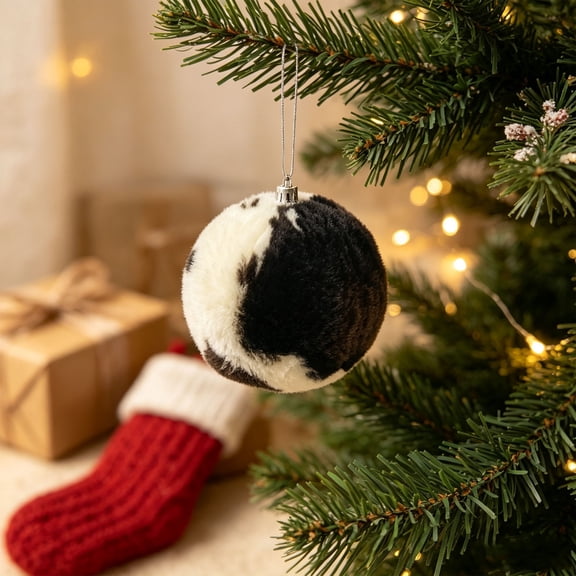 Christmas Tree Decor Ornaments, 1pc Cow Print Soft Christmas Ball 2.36in In Diameter, Hanging Bauble for Xmas Tree, Holiday Garland, Home Room Party Decor