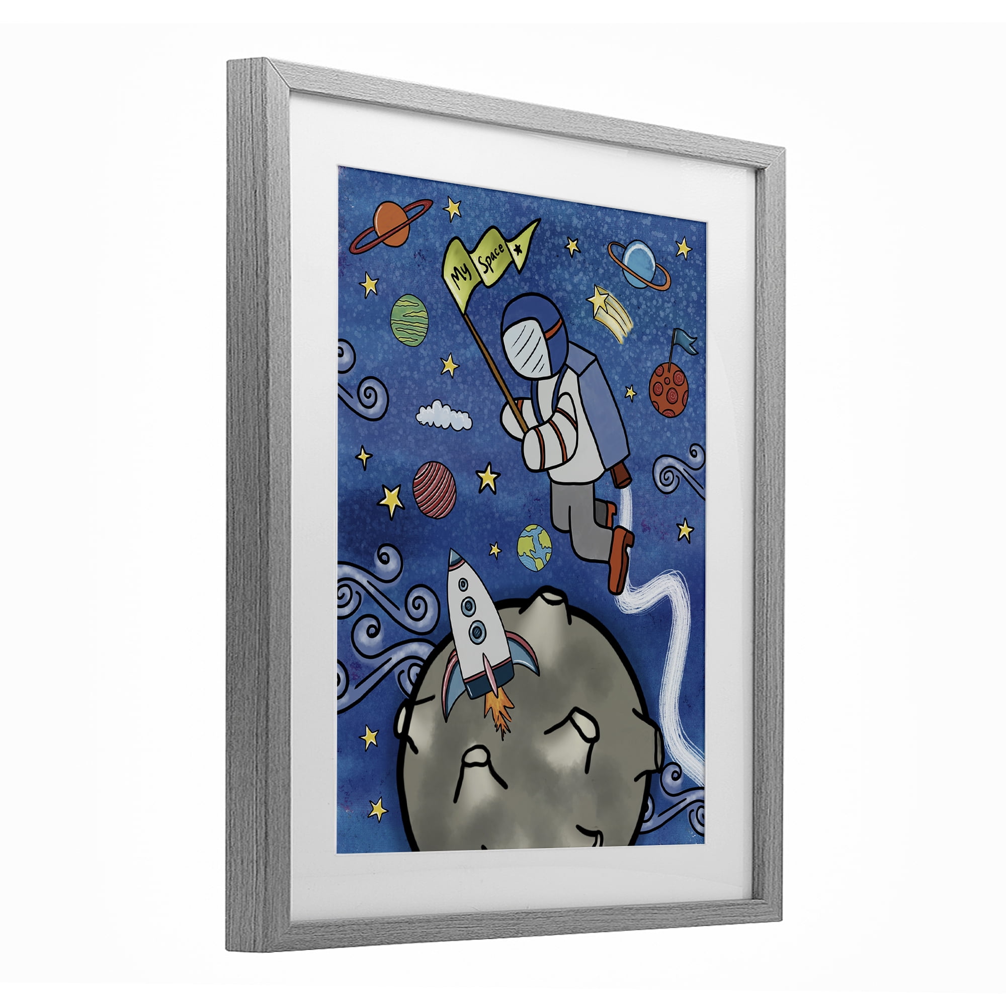 Astronaut Space Adventure Gray Framed Print Under Glass, design by Jennifer Stith