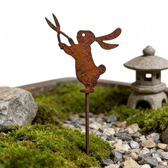 Rusted Metal Bunny Garden Stakes for Outdoor Planters and Patio Decor, Weatherproof Iron Easter and Spring Yard Markers Set