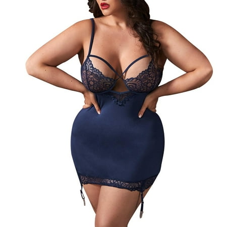 

Women Plus Size Lingerie Perspective Lace Nightdress Briefs 2Piece Set Sleepwear