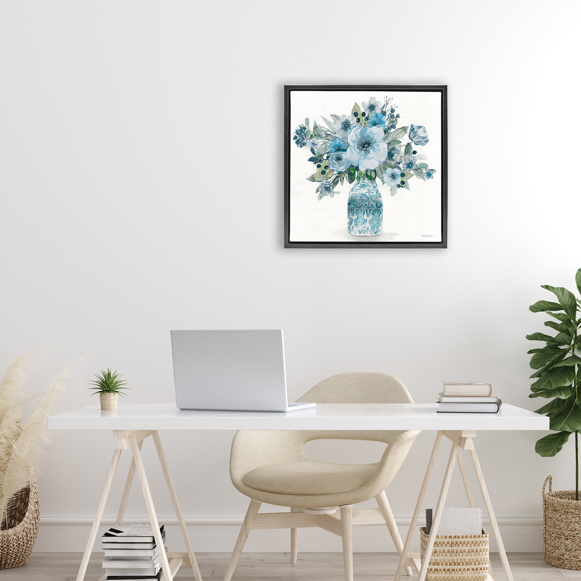 Stupell Industries Pastel Blue Botanical Bouquet Black Framed Floater Canvas Wall Art, design by Carol Robinson