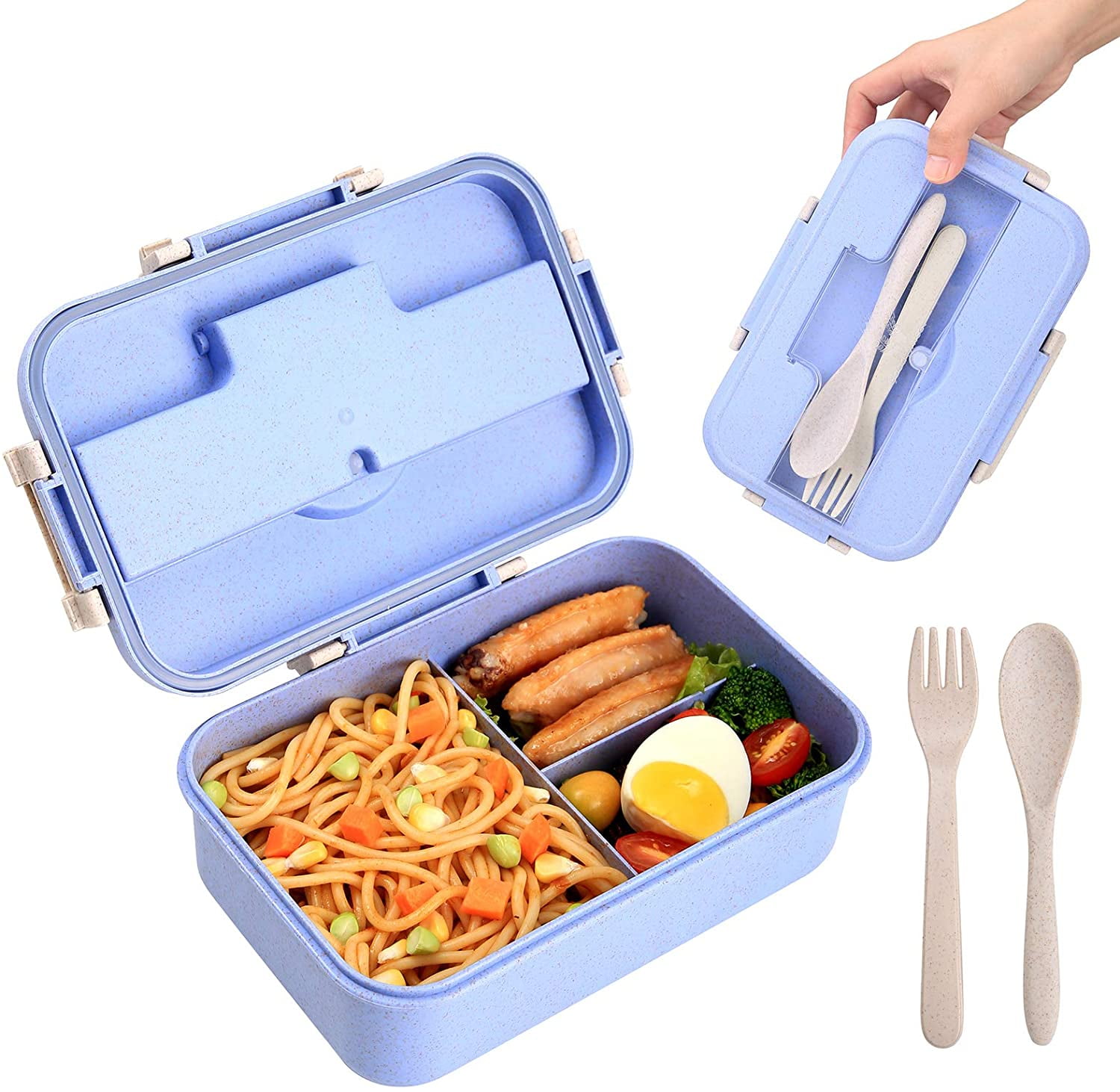 HANARA Collapsible Bento Lunch Box | Large Capacity, 3 Compartments, Sauce  Container, Fork, Spoon | For Travel, Work, School, Out Door Activities 