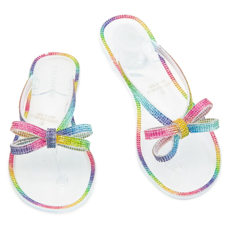 Rainbow Bow Rhinestone Jelly Flip Flop Slide Thong Sandals