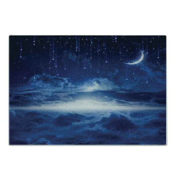 Fantasy Cutting Board, Night Sky with Moon Falling Stars Clouds Horizon Mysterious Space Art, Decorative Tempered Glass Cutting and Serving Board, Small Size, Navy Blue and White, by Ambesonne