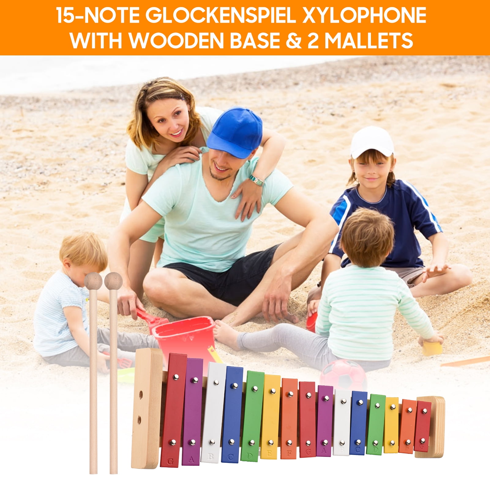 15-Note Glockenspiel Xylophone with Wooden Base - Colorful Aluminum Bars, 2 Mallets Included, Educational Percussion Musical Instrument Gift
