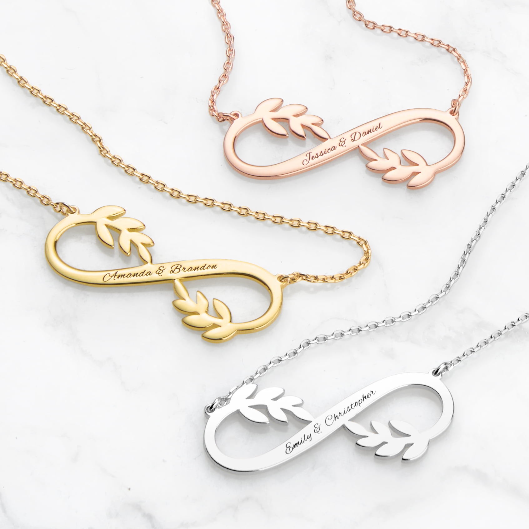Personalized Planet Women's Sterling Silver Couples Engraved Infinity with Leaves Pendant
