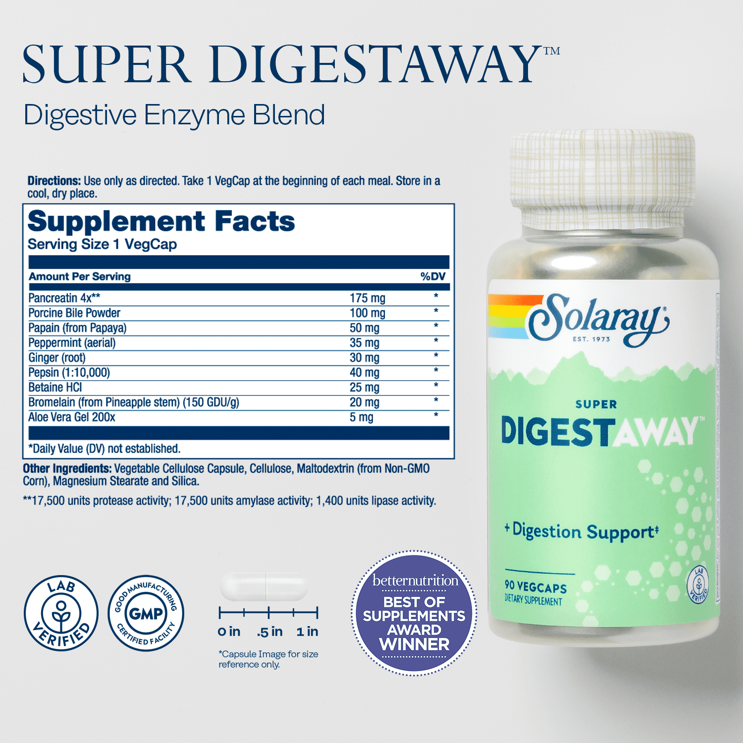 Solaray Super Digestaway Digestive Enzyme Blend | Healthy Digestion & Absorption of Proteins, Fats & Carbohydrates | Lab Verified | 90 VegCaps