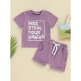 thumbnail image 2 of Suealasg Toddler Girls Summer Outfit Short Sleeve Letter Print T-Shirt Elastic Shorts Set 2 Piece Infant Baby Girls Outfit, 2 of 9