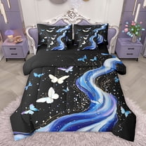 Homewish Romantic Butterfly Bedding Comforter Set 7pcs, Black Blue Marbling King Bedding Sets, Modern Fashion Artwork Reversible Bed Sheets, Lightweight Room Decor