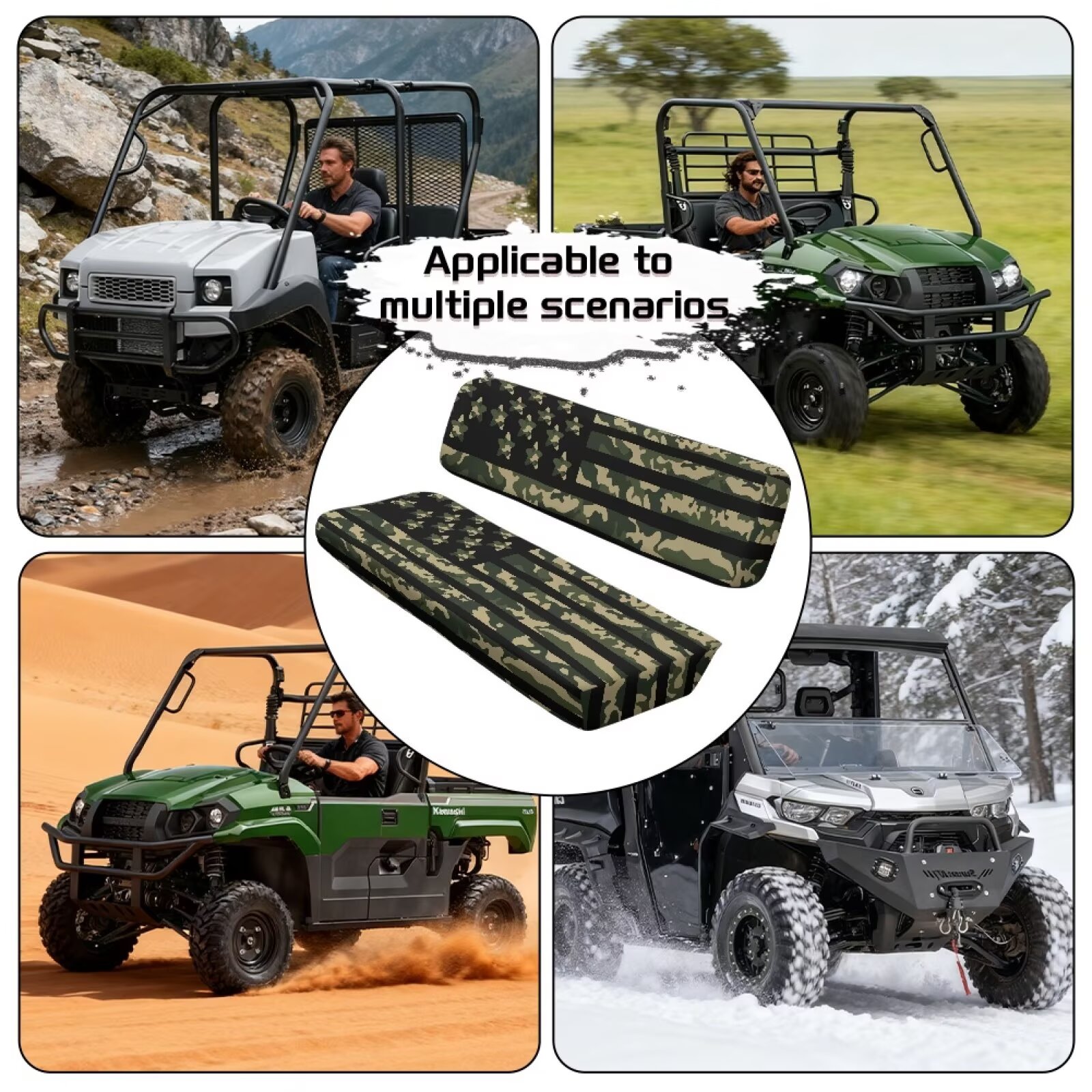 Binienty American Flag Green Camo UTV Bench Seat Covers Compatible With Kawasaki Mule 300 3010 3020 4000 4010 2001-2023 2025, Breathable Non-Slip Polyester UTV Seat Cover Set