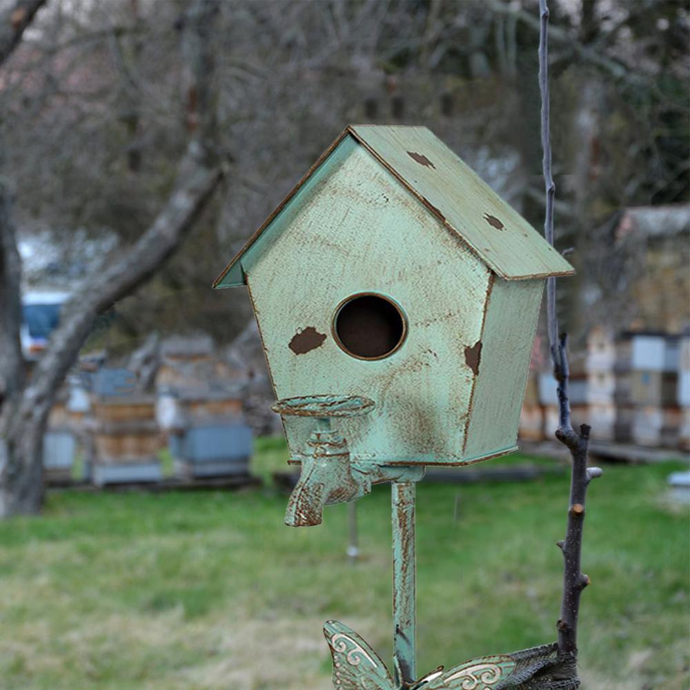 FOOING Metal Birdhouse with Pole, Cast Iron Pole for Bird Resting Bird